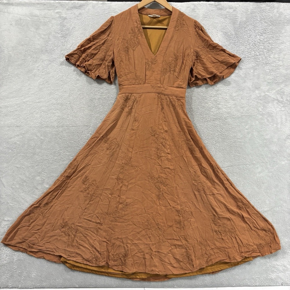 Sun Shadow Maxi Dress S V-Neck Orange Floral Rust Boho Cottagecore Smocked Tiere